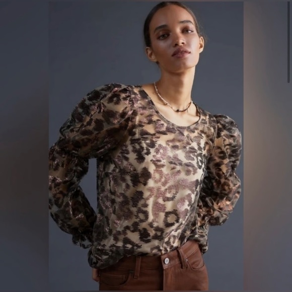 Anthropologie Eva Franco Sheer Puff Sleeve Leopard Print Blouse Size XSP - Picture 1 of 11